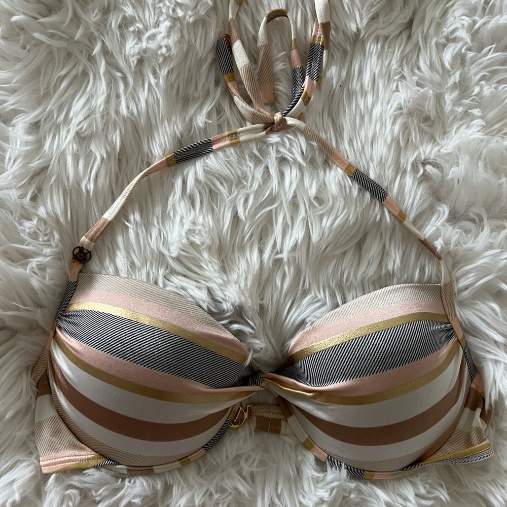 Victoria's Secret Striped Bikini Top - Pink, Gold, Black, White